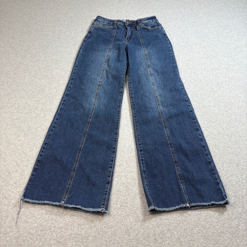 Most Wanted Jean Women 9 Blue Wide Leg Denim Pant Loose Baggy Raw Hem Stretc Y2K